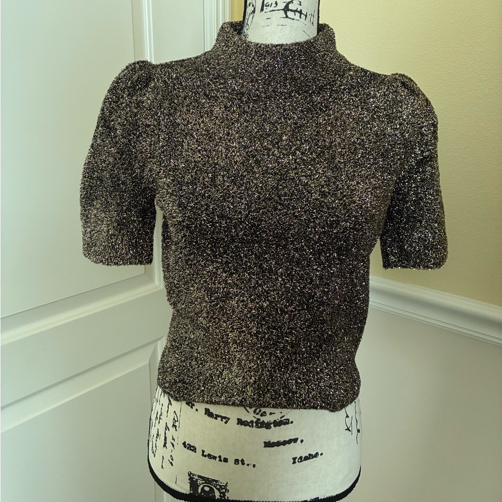 Nwot Kate Spade Metallic Black Short Sleeve Mock Neck Top Size X Small